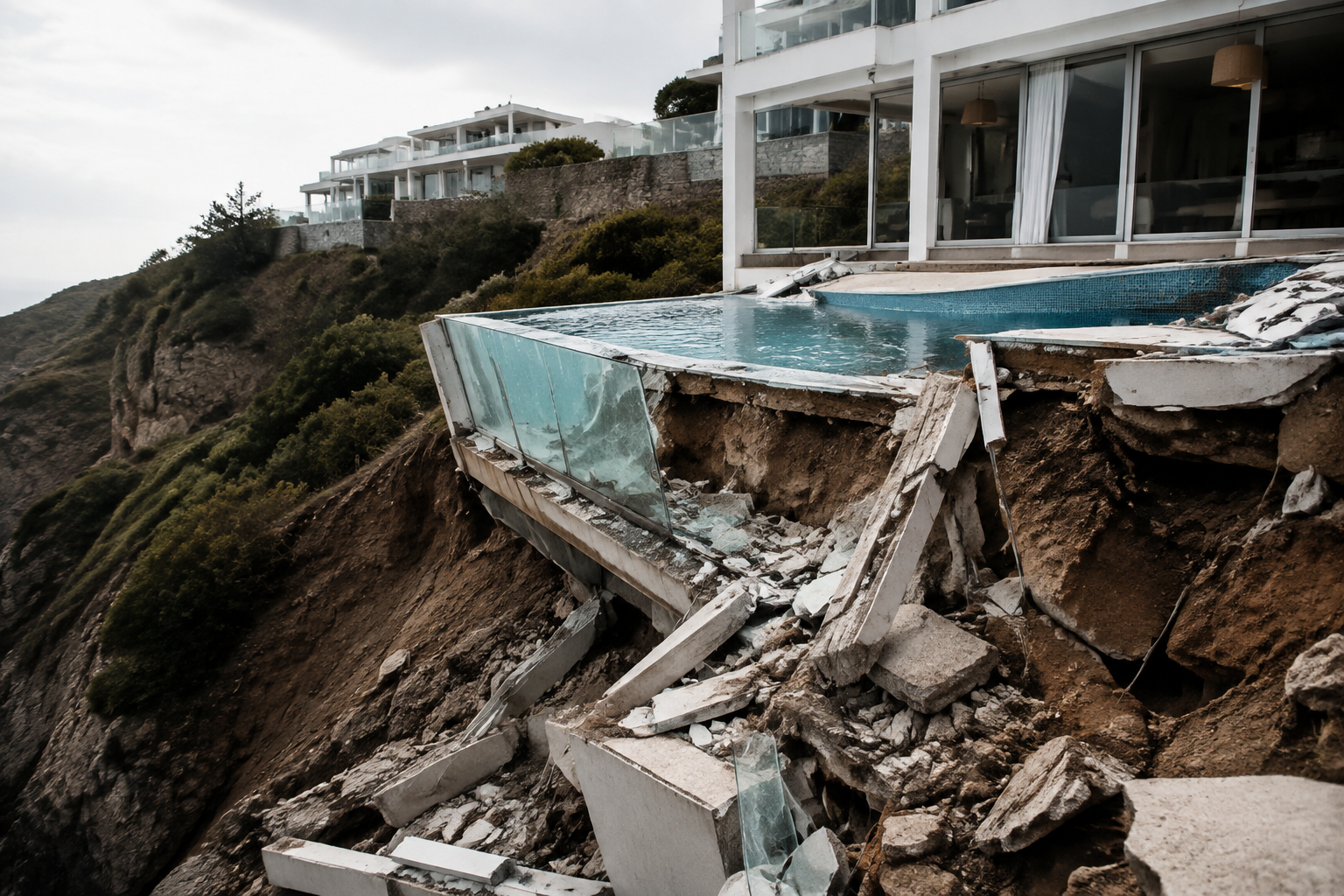Deslizamento de terras no Sunshine Condo 18 faz cair piscina e parede de vidro